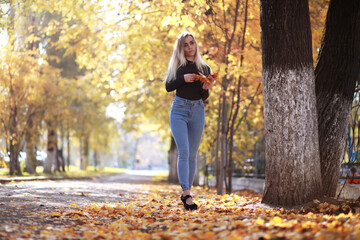 Young beautiful girl on a walk in the autumn park. Leaf fall in the city park. October.