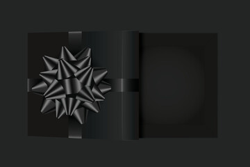 Empty open gift black box mock up with bow and ribbons top view. Vector isolated illustration close up on a black background use for box template.