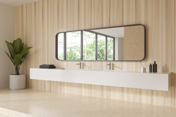 Corner view on bright bathroom interior with large mirror
