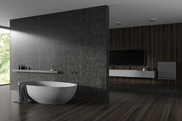 Corner view on dark bathroom interior with bathtub, mirror