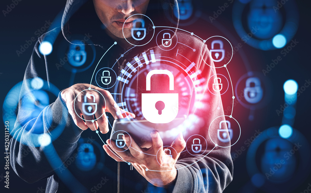 Poster hacker attack system, cybersecurity hologram and lock chain