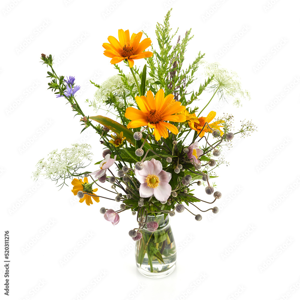 Wall mural Beautiful bouquet of wildflowers isolated on white. - Wall murals