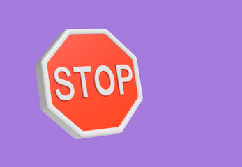 Stop sign on violet background, concept of warning. Copy space