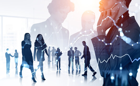 Business people working together, black businessman and forex hologram