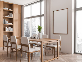 Light eating room interior with table and chairs, panoramic window. Mockup frame