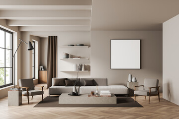 Fototapeta premium Front view on bright living room interior with empty poster