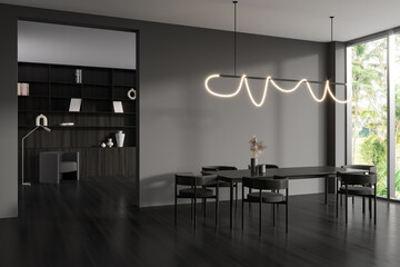 Grey meeting room interior with dining table and armchair, panoramic window