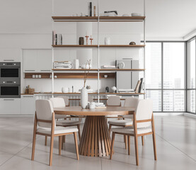 Light kitchen interior with dining table and decoration, kitchenware and window