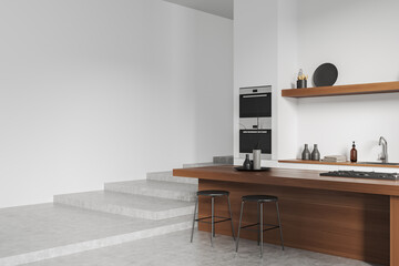 Light kitchen interior with bar island, kitchenware and decoration. Empty wall