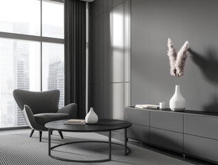 Grey chill interior with armchair and sideboard, panoramic window