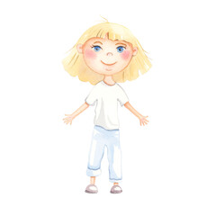 Happy girl in simple clothes. Watercolor illustration.