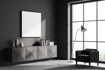Grey chill interior with chair and drawer, panoramic window and mockup frame