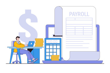 Salary payroll system for employee, financial wage calculation and automatic payment, administrative or calendar pay date for office accounting concept. Businessman compute online income using laptop - obrazy, fototapety, plakaty