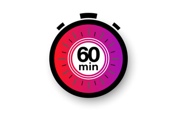 60 minutes timer. Stopwatch symbol in flat style. Editable isolated vector illustration.	