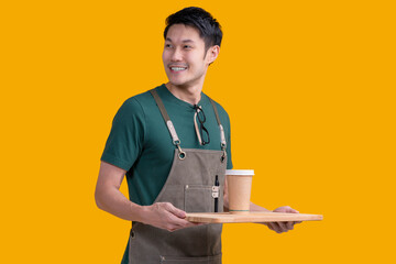 smart friendly asian male glasses barista small coffee shop owner in apron hand gesture welcome...