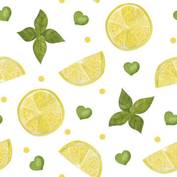 Watercolor seamless pattern with lemon slices. High-quality illustration