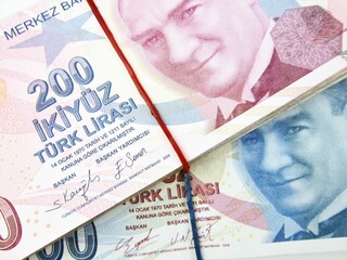 Turkish lira isolated on white background. Turkish lira. Two Hundred Turkish Lira. Economy and...
