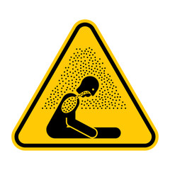 Asphyxiating atmosphere warning sign. Vector illustration of yellow triangle sign with sitting man in fumes of pollution. Caution exposure to asphyxiating atmosphere. Hazard symbol. Dangerous air. - obrazy, fototapety, plakaty