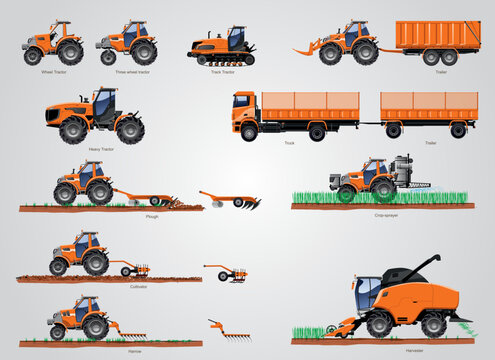 The set of Agricultural machinery. The set of tractors with agricultural tools. The vector illustration of land agricultural processing and technology.