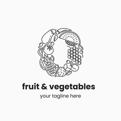 Letter O made of fruit and vegetables. Organic food logo concept. Stock vector illustration.