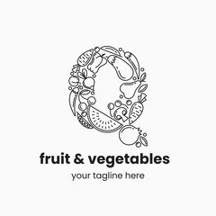Letter Q made of fruit and vegetables. Organic food logo concept. Stock vector illustration.