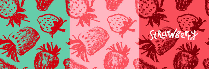 Strawberry pattern seamless, strawberries illustration, hand-drawn vector red berry for vegan banner, juice or jam label design. Ripe berries background for baby food packaging. Strawberry backdrop. © Design Couple