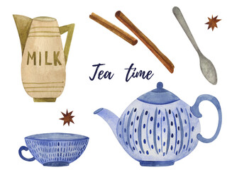 Watercolor collection drinking tea illustration. Teacups, teapot, spices, lemon, cinnamon. Great for designs, scrapbooking paper