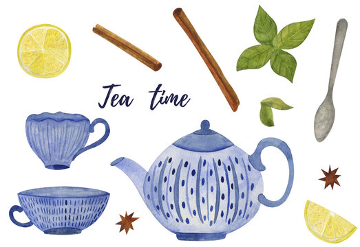 Watercolor collection drinking tea illustration. Teacups, teapot, spices, lemon, cinnamon. Great for designs, scrapbooking paper