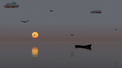 A boat silhouette is floating on a calm sea and seagulls are flying on twilight sky with sunset sun background (3D Rendering)