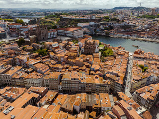 Porto Portugal Aerial View. Dom Luis Bridge at Sunrise. Porto, Portugal. Cityscape of Downtown...