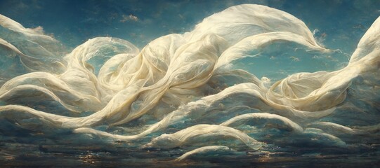 Vast panoramic fantasy cloudscape in ivory white colors, mesmerizing flowing ocean of surreal fabric folds stylized in renaissance inspired oil paint. - obrazy, fototapety, plakaty