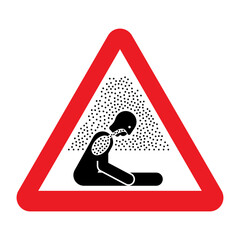 Asphyxiating atmosphere warning sign. Vector illustration of red triangle sign with sitting man in fumes of pollution. Hazard symbol. Dangerous air. Caution exposure to asphyxiating atmosphere. - obrazy, fototapety, plakaty