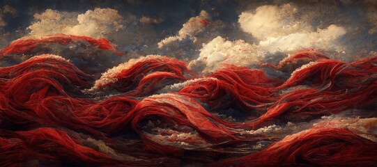 Fototapeta na wymiar Vast panoramic fantasy cloudscape in ruby red colors, mesmerizing flowing ocean of surreal fabric folds stylized in renaissance inspired oil paint.