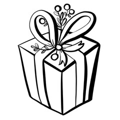 sketch line close up holiday illustration doodle design element icon gift box birthday or christmas with bow and sprigs berries