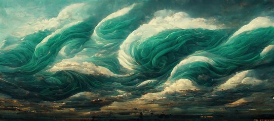 Vast panoramic fantasy cloudscape in emerald green colors, mesmerizing flowing ocean of surreal fabric folds stylized in renaissance inspired oil paint.  