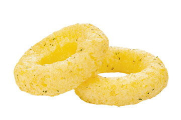 Crispy onion rings, isolated on white background, full depth of field. Сorn rings. File contains clipping path. Design element.