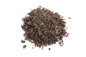 Dried green tea on the white background