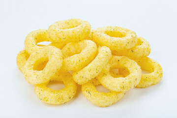 Crispy onion rings, isolated on white background, full depth of field. Сorn rings. Design element.