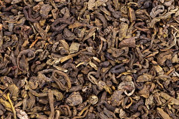 Dried green tea leafs background.