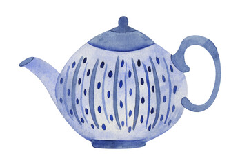 Watercolor illustration of teapot with herbal tea. Isolated on a white background