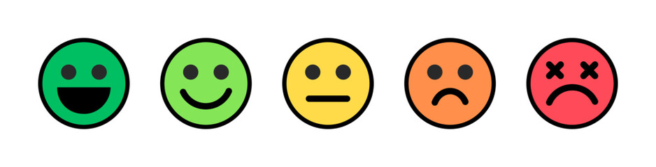 Set of emoji ratings to display customer feedback satisfaction rate - Vector emoticons faces collection with expressions to show good bad client feedback - Icons to use for web, app, toilet, shop, etc