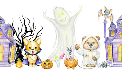 Ghost, bear, dog, house, pumpkin. Watercolor seamless pattern, for the Halloween holiday.
