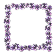 watercolor square frame of yellow, blue, purple pansy flowers on isolated white background