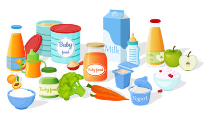A set of baby food. Powdered milk mixture in a tin, milk, yogurt, apricot and applesauce, cottage cheese and apple juice.Vector illustration.