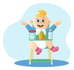 Baby food and a feeding chair. Powdered milk mixture in a tin, milk, yogurt, apricot and applesauce, cottage cheese and apple juice.Vector illustration.