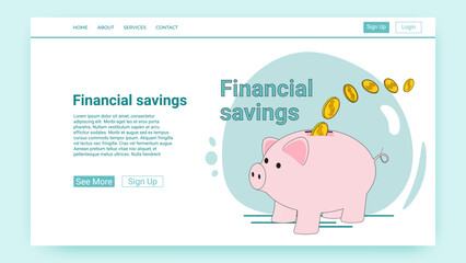 Financial savings.People save money in a piggy bank.An illustration in the style of a green landing page.