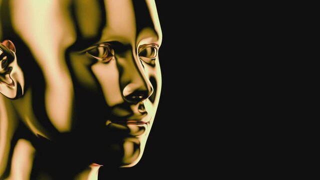 Goldenes Gesicht einer weibliche Statue rotiert vom Profil in die Frontalansicht (3D-Visualisierung)