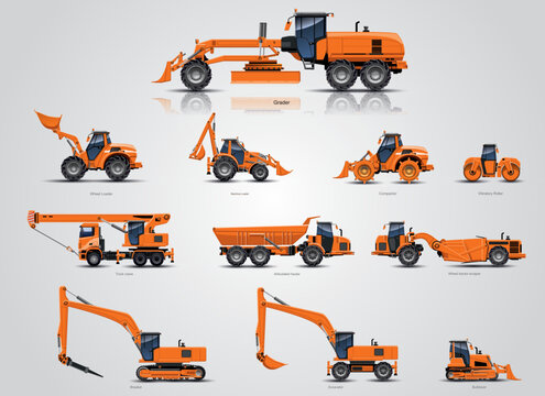The road construction machine big collection. The Road construction equipment. The big set of road construction works.