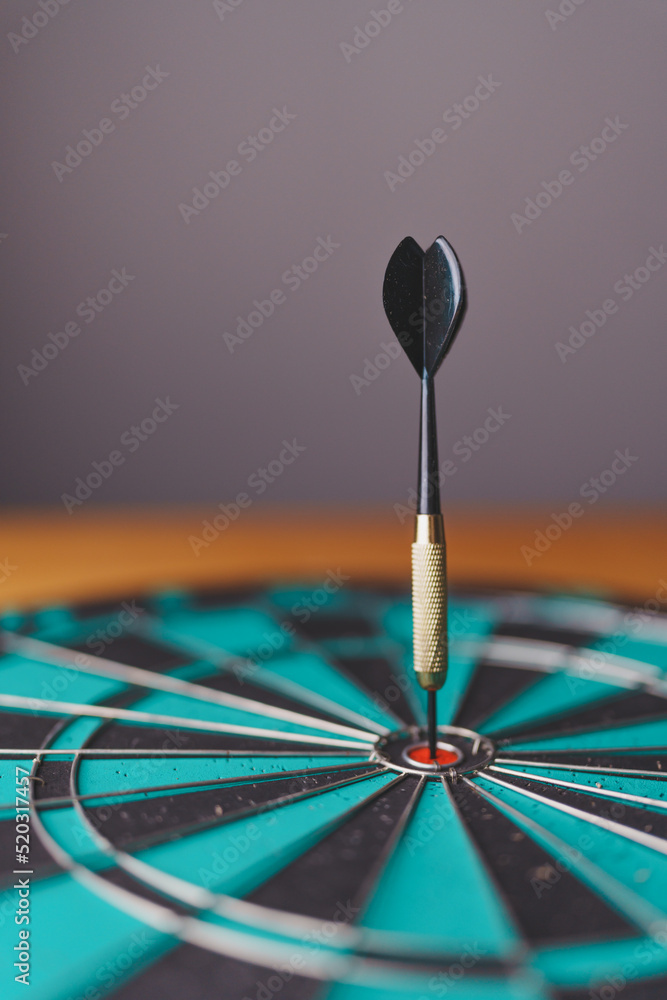 Poster close up shot of the dart arrow hit on bulleyes of dartboard to represent that the business reached 