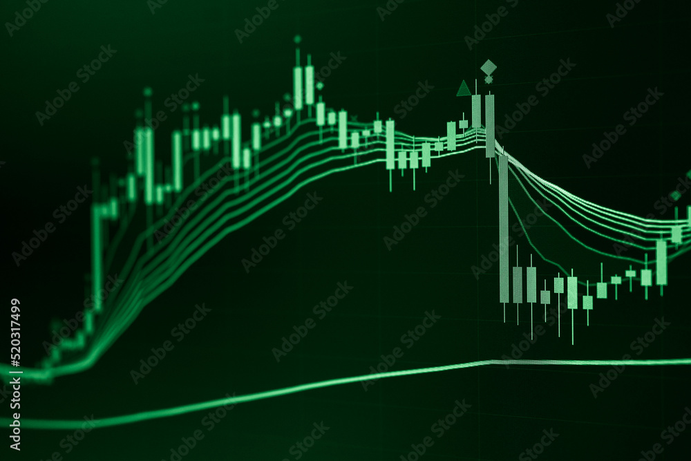 Poster stock market data on digital led display. fundamental and technical analysis with candle stick graph